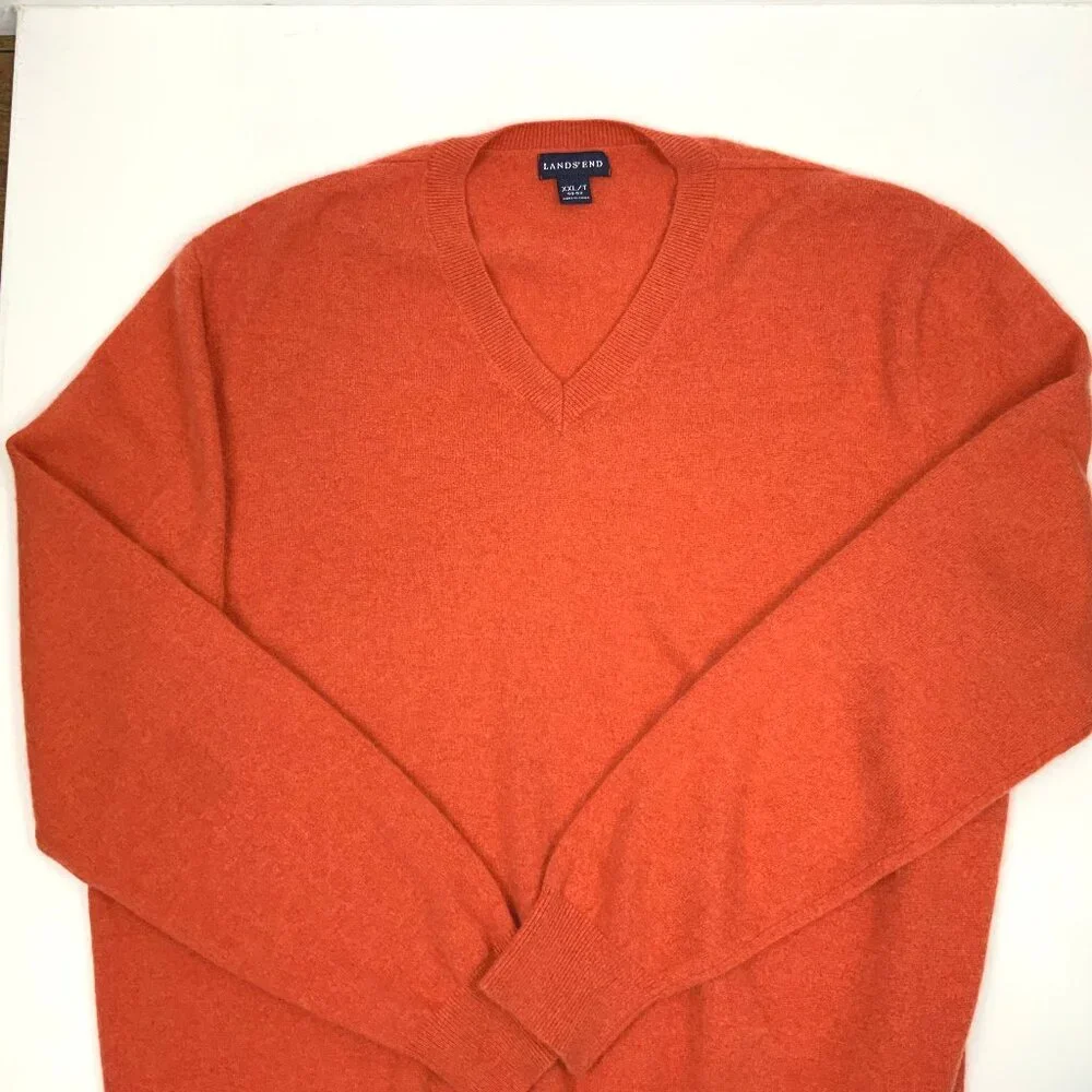 Men's Lands' End v-Neck 100% Cashmere Pullover Sweater Orange/Terracotta Sz XXL